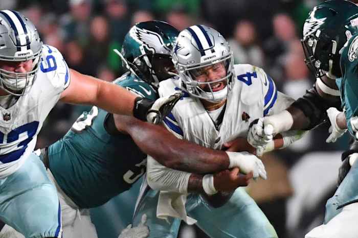 Nov 5, 2023; Philadelphia, Pennsylvania, USA; Philadelphia Eagles defensive end Brandon Graham (55) sacks Dallas Cowboys quarterback Dak Prescott (4) during the fourth quarter at Lincoln Financial Field.
